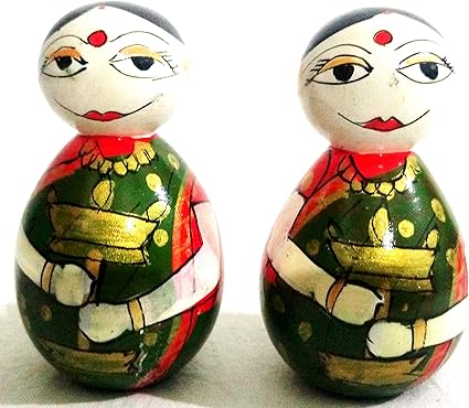 Crafts India Handcrafted Wooden Lamp Ladies Doll, DEEPA & DEEPTHI, 2pcs - 8 cms