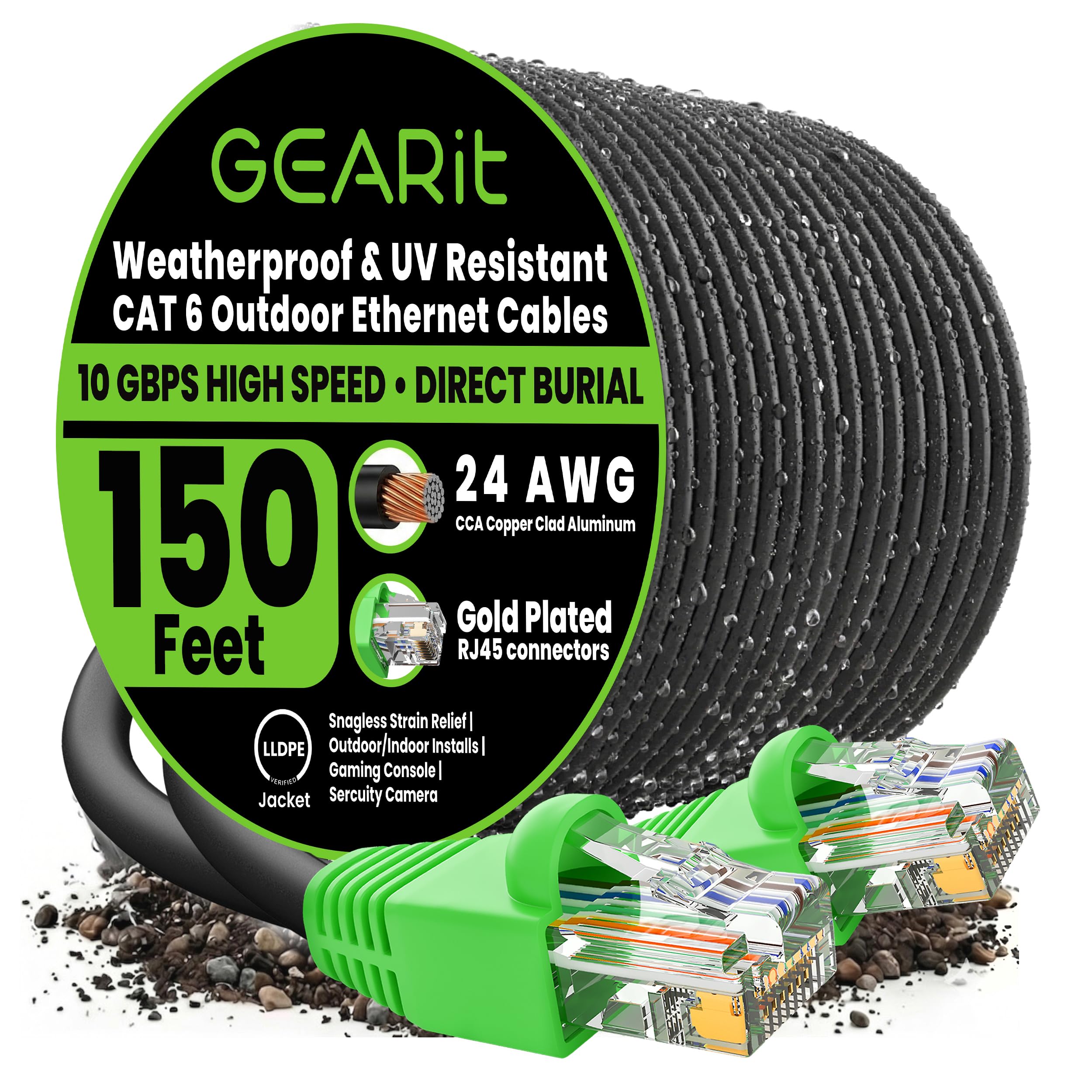 GearIT 52.2m Cat6 Direct Burial Ethernet Cable - Cat 6 Outdoor Waterproof, In-Ground, UV Jacket - UTP 550 Mhz High Speed Internet Broadband Network - CCA (52.2 Meters, 150 Feet)