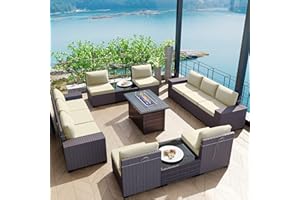 Kullavik 13 Pieces Outdoor Patio Furniture with 43" 55000BTU Gas Propane Fire Pit Table PE Wicker Rattan Sectional Sofa Patio Conversation Sets