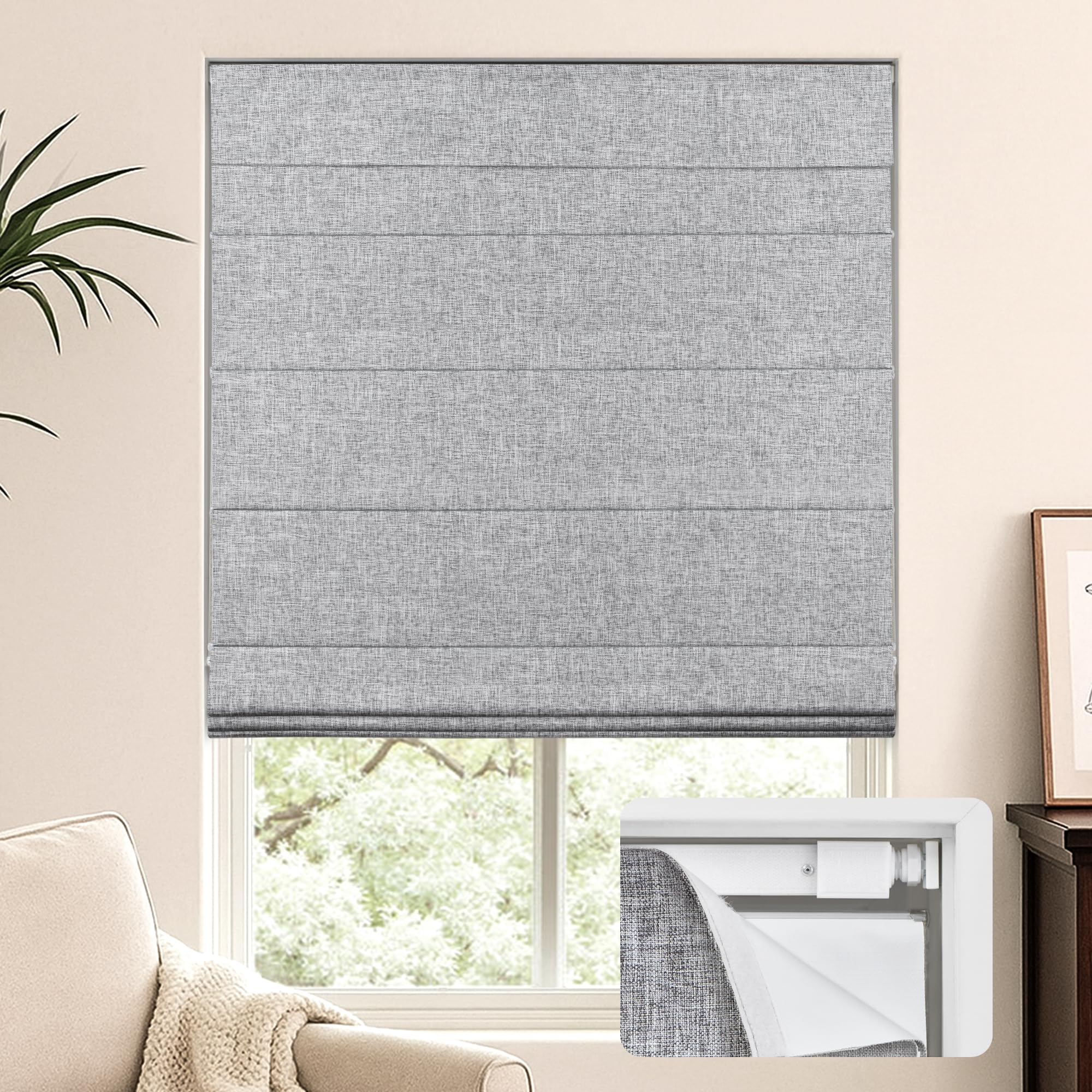 LazBlinds No Tools No Drill Cordless Roman Shades for Windows, Blackout Thermal Insulated UV Blocking Window Blinds, Lightweight Fabric Blinds for Indoor Windows, 23" W x 60" H, Blackout - Grey