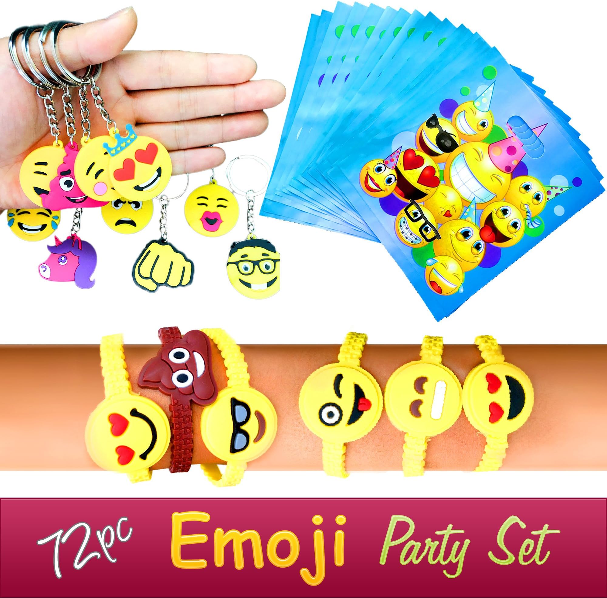 Emoji Birthday Novelty Party Supplies Novelty Pack, 72pc, Treat Bags, Toy Keychains Favors, Children Rubber Bracelets