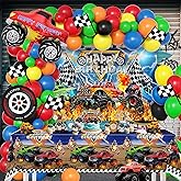 Monster Truck Birthday Decorations for Boys, Extreme Off-Road Racing Party Supplies Include "Happy Birthday" Backdrop, Balloon Arch Garland, Tablecloth, Cake Toppers, Truck and Tire Foil Balloons
