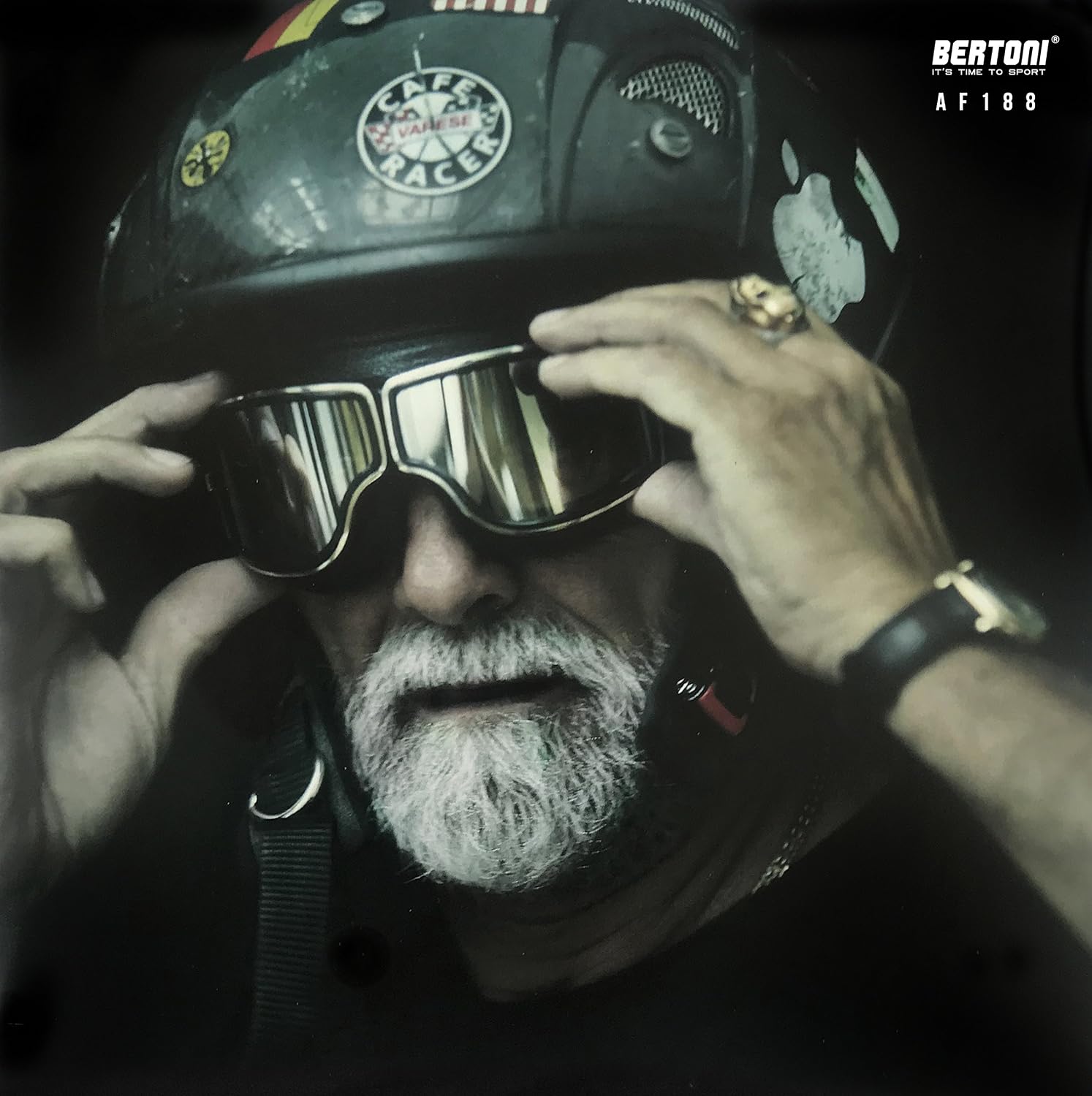 BERTONI Motorcycle Riding Goggles, Black Leather with Chromed Frame, Anticrash Ventilated Lens AF188 - Image 4