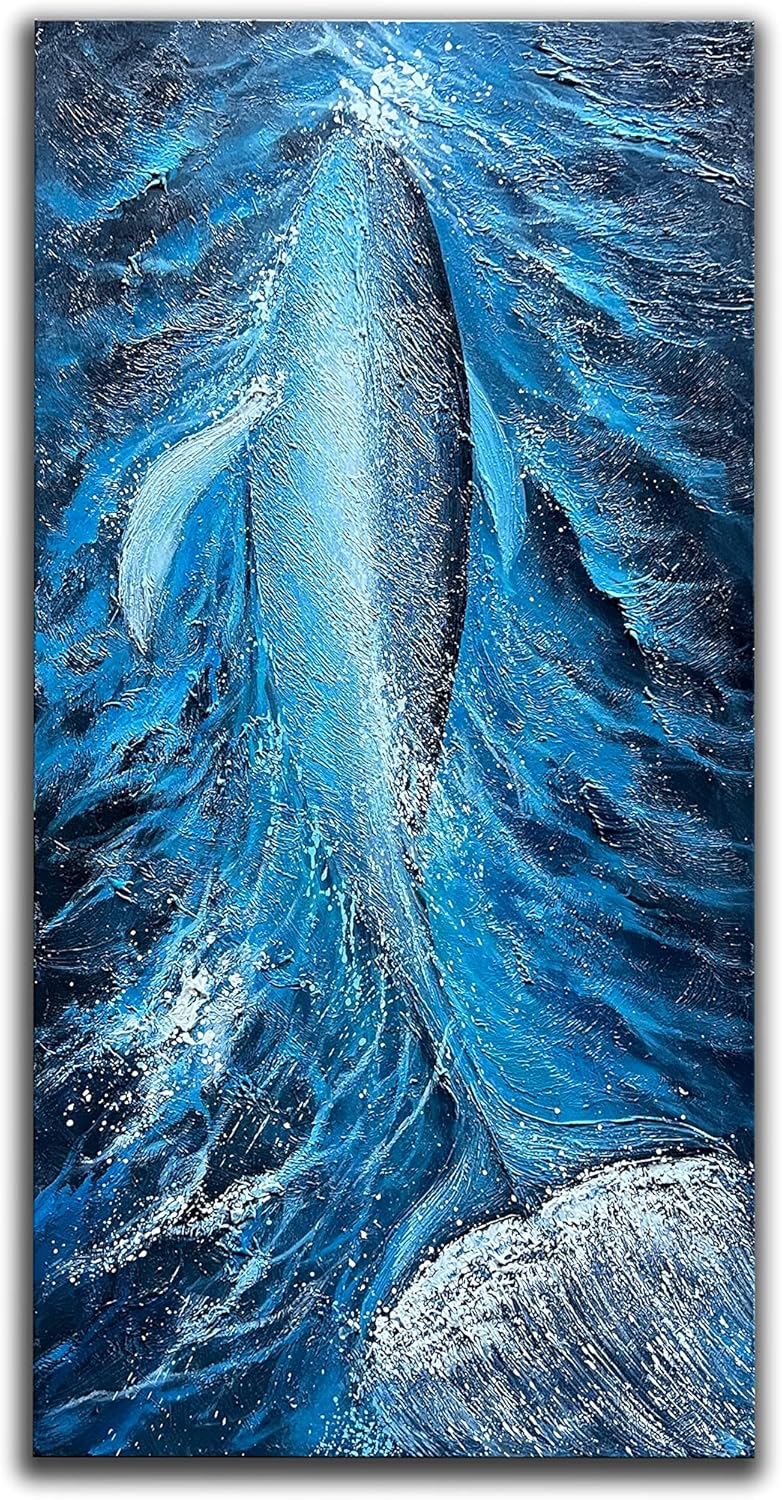 Paintings - JELRINR Contemporary 3D Abstract Oil Painting On Canvas Blue ocean whale Abstract Art paintings Hand painted Acrylic paintings Ready to Hang for Living Room Bedroom Home Decorations Modern Stretched and Framed 24x48inch