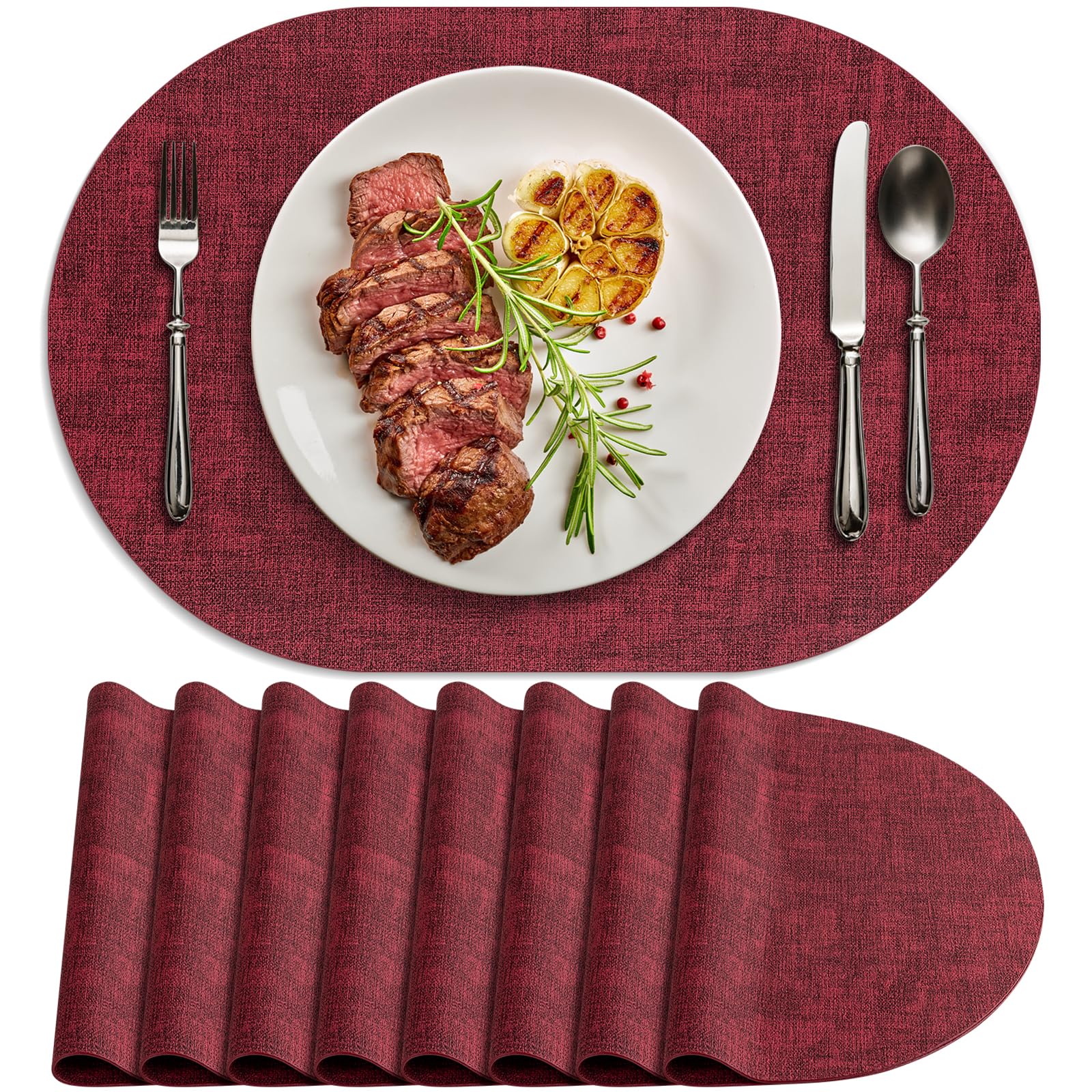 Photo 1 of BARTHKIT Placemats for Dining Table Set of 8 Non-Slip, Heat Resistant Oval Leather Placemat Double Layer, Waterproof Table Mats Easy to Clean for Kitchen Dining Room Coffee Office Table, Wine Red