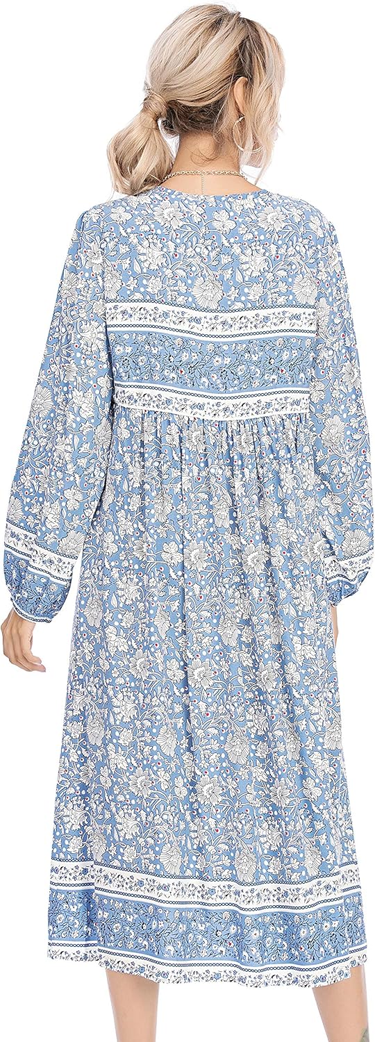 R.Vivimos Women's Long Sleeve Floral Print Retro V Neck Tassel Bohemian Midi Dresses: Clothing