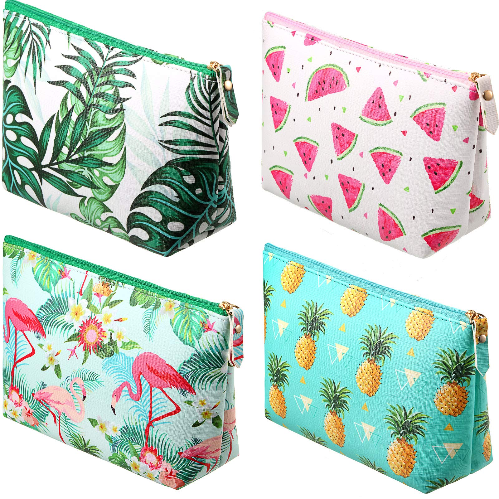4 Pieces Cosmetic Makeup Bags Waterproof Tropical Travel Cases Portable Makeup Display Cases Organizers Pouch Purse Handbag with Zipper, Printed with Flamingo, Palm Leaves, Pineapple, Watermelon
