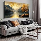 Ouzzlie Lake Wall Art Landscape Wall Decor Yellow Tree Canvas Art for Living Room Office Bedroom Sunshine Forest Large Picture 29" x 59"