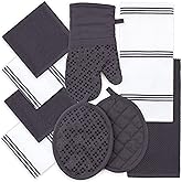 Sticky Toffee 9-Piece Kitchen Set – Gray 100% Cotton Terry Dish Towels, Dishcloths, Oven Mitts, and Pot Holders with Non-Slip Silicone Grip, Oeko-Tex Cotton