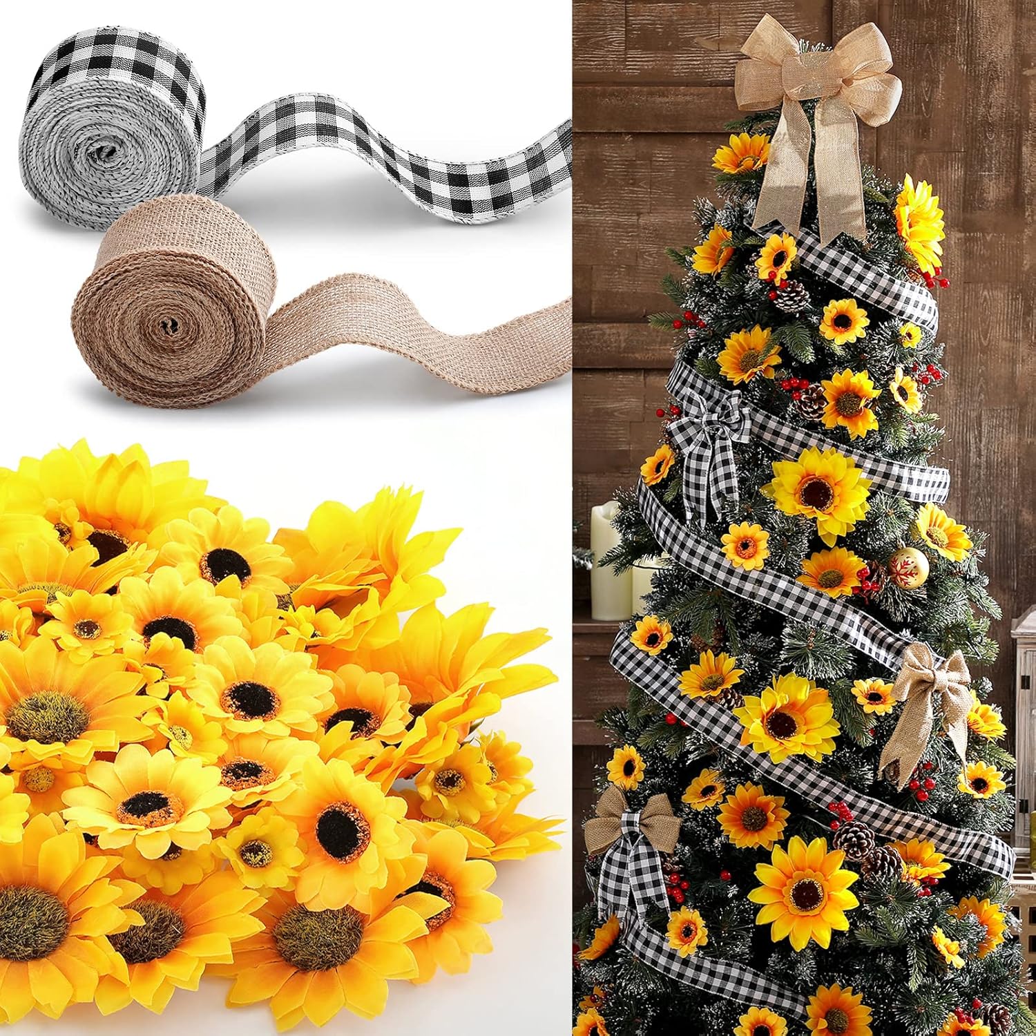 Bows & Ribbons - Sunflower Tree Decoration Kit 62 Pcs Sunflower Decor with 2 Pcs Buffalo Plaid and Burlap Ribbon for Christmas Tree Party Indoor Fireplace Home Decorations