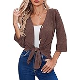 Witsmile Women's 3/4 Sleeve Cropped Cardigan Shrug V-Neck Tie Front Knot Ribbed Knit Shirt for Evening Dress & Office