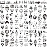Hotoyannia 62 Sheets Mountain Temporary Tattoos Stickers, Including Fake Tattoos Waterproof Black Geometry Sun Star Moon Tree Triangle Sea Wave Semi Permanent Tattoos for Adult and Kids