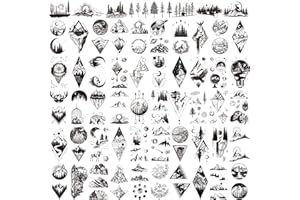 Hotoyannia 62 Sheets Mountain Temporary Tattoos Stickers, Including Fake Tattoos Waterproof Black Geometry Sun Star Moon Tree Triangle Sea Wave Semi Permanent Tattoos for Adult and Kids