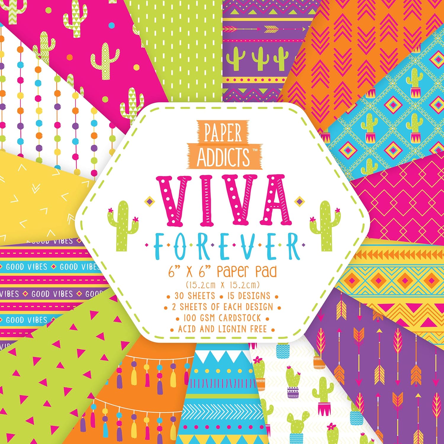 Paper Addicts Viva Forever 6"x6" Pad-30 Sheets-15 Designs-100GSM-Acid & Lignin Free-for Card Making Papercraft, Scrapbooking