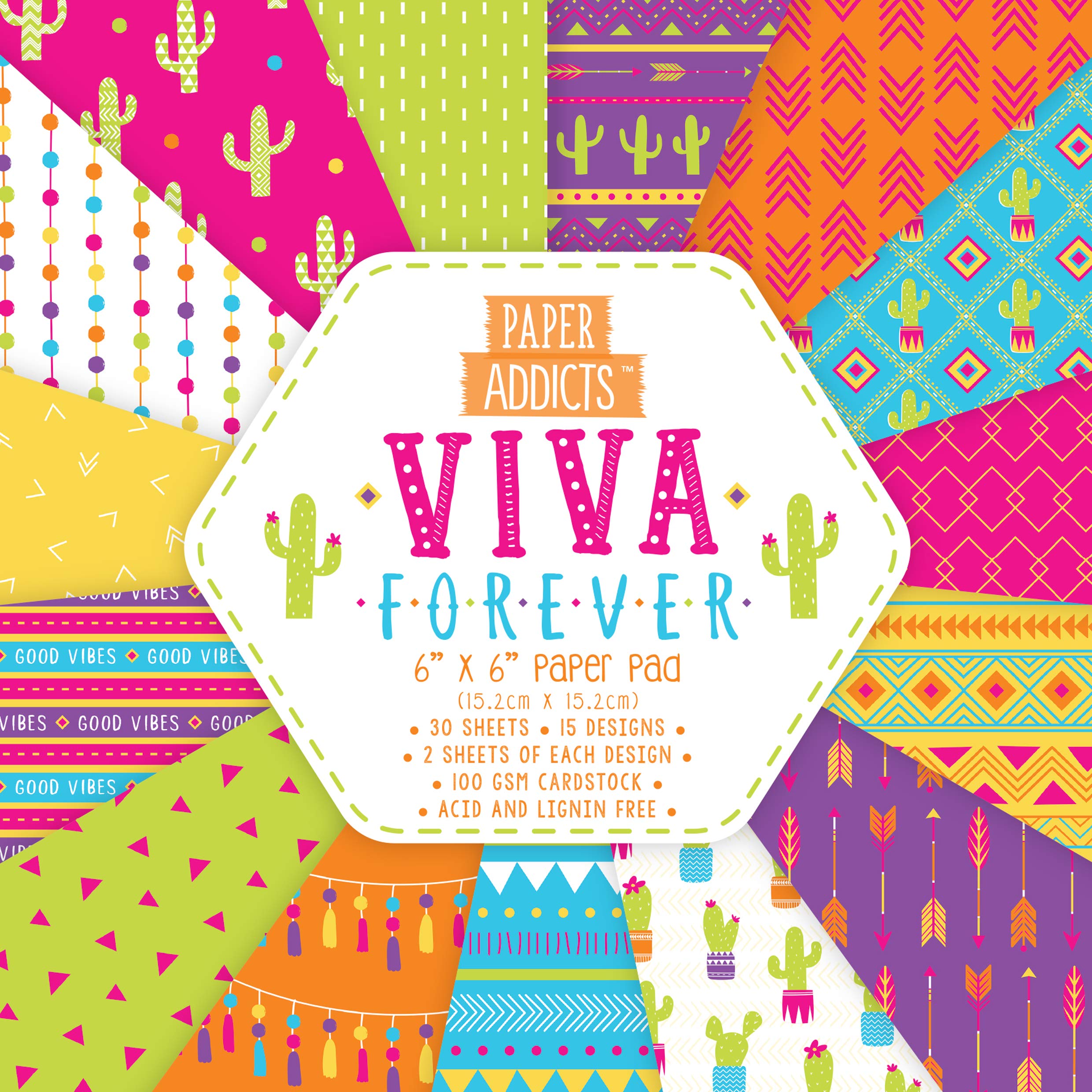 Paper Addicts Viva Forever 6"x6" Pad-30 Sheets-15 Designs-100GSM-Acid & Lignin Free-for Card Making, Papercraft, Scrapbooking, Die Cutting and Home Décor, Multicolour, 6" x 6" Paper Pad