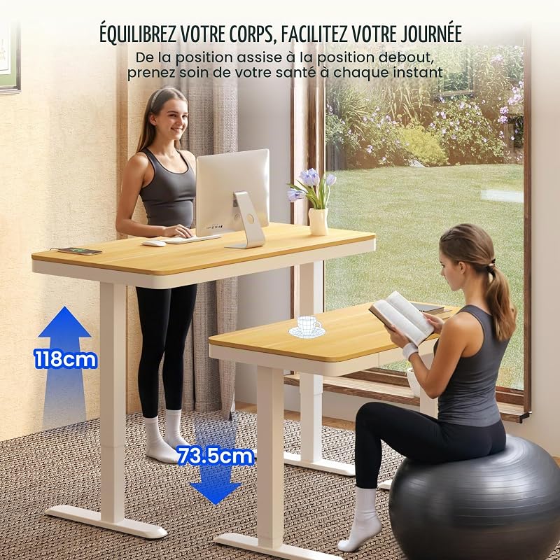 Bureau Assis Debout 120x60, Tiroir, USB-C, Verrouillage Enfant