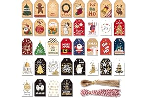 YoneJave 144 Pcs Kraft Paper Gift Tags, Christmas Gift Tags with String, Different Patterns Xmas Present Labels Christmas Tag