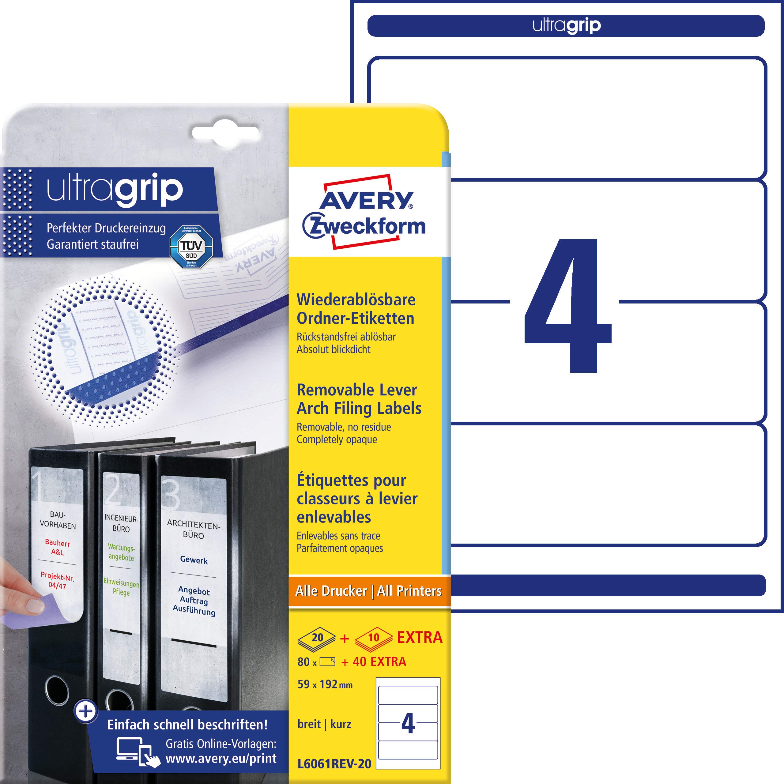 Avery Zweckform L4761REV Folder Labels A4 80 Pieces Removable 61 x 192 mm (White) 80 Labels 20 Blatt weiß