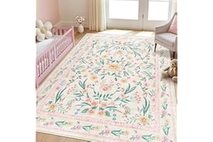 Dadasgk Pink Floral Rug 5x7 for Girls Bedroom or Nursery, Machine Washable Non-Slip Area Rug, Soft Faux Wool Boho Carpet for 