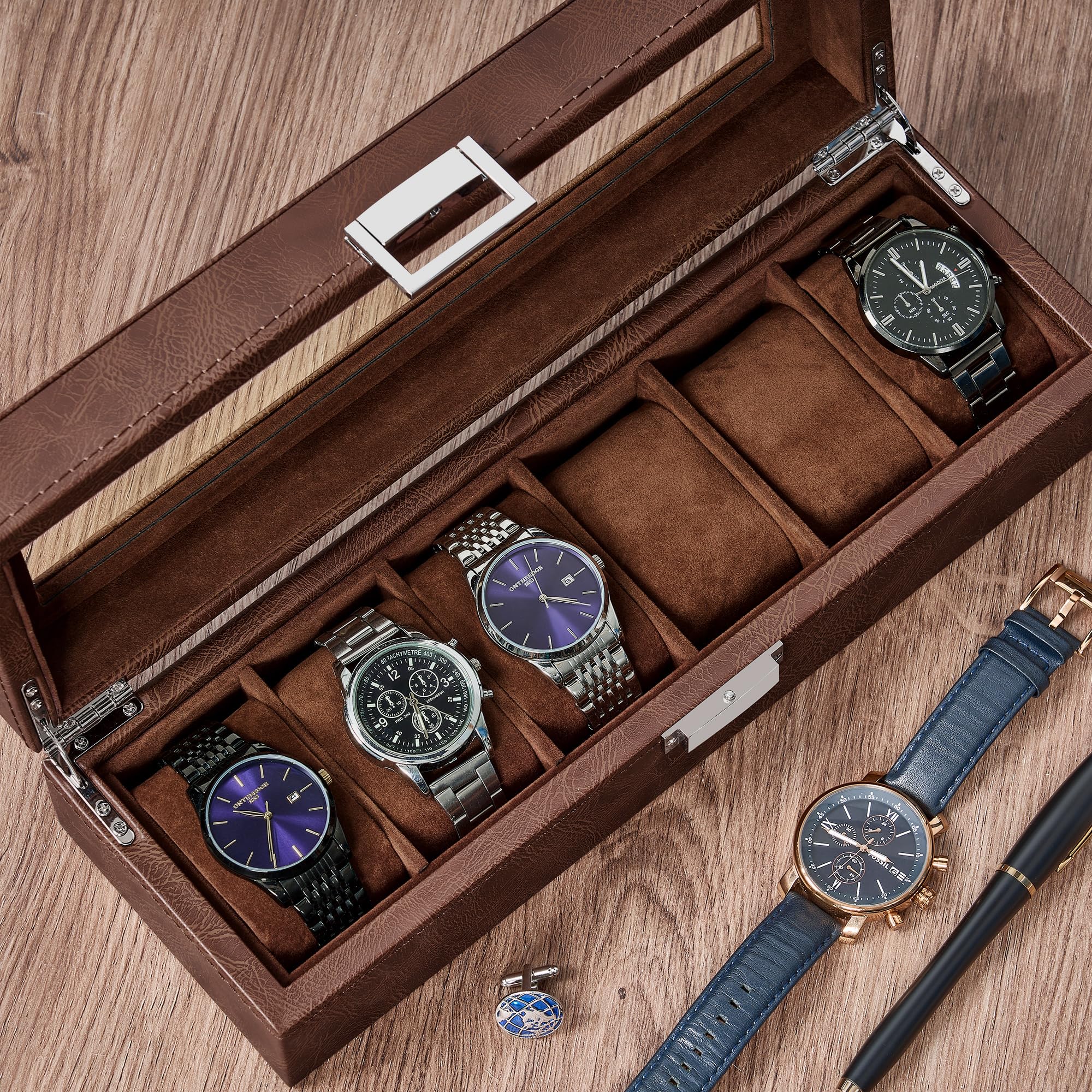 BEWISHOME Watch Box, 6 Slot Watch Cases for Men Watch Holder, Leather Watch Display Case with Large Glass Lid, Watch Storage with Soft Pillow, Brown SSH13Z