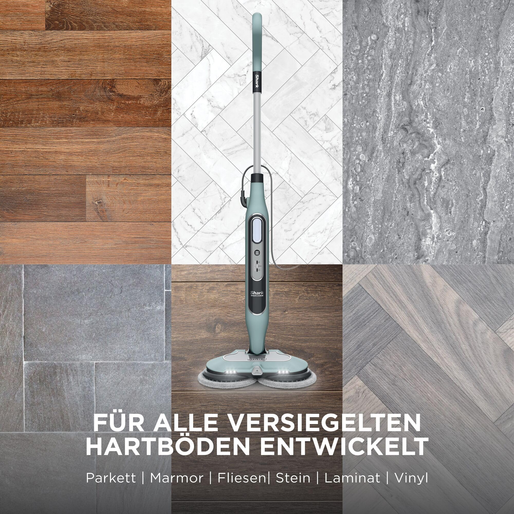 Shark Dampfreiniger Mop, automatisch, mit Steam Blaster, 6 Schmutzfänger-Pads, 3 Dampfstufen, bei Flecken und Schmutz, hygienische Reinigung für versiegelte Hartböden, 8m Kabel, Salbei-Grün, S8201EUCP 7