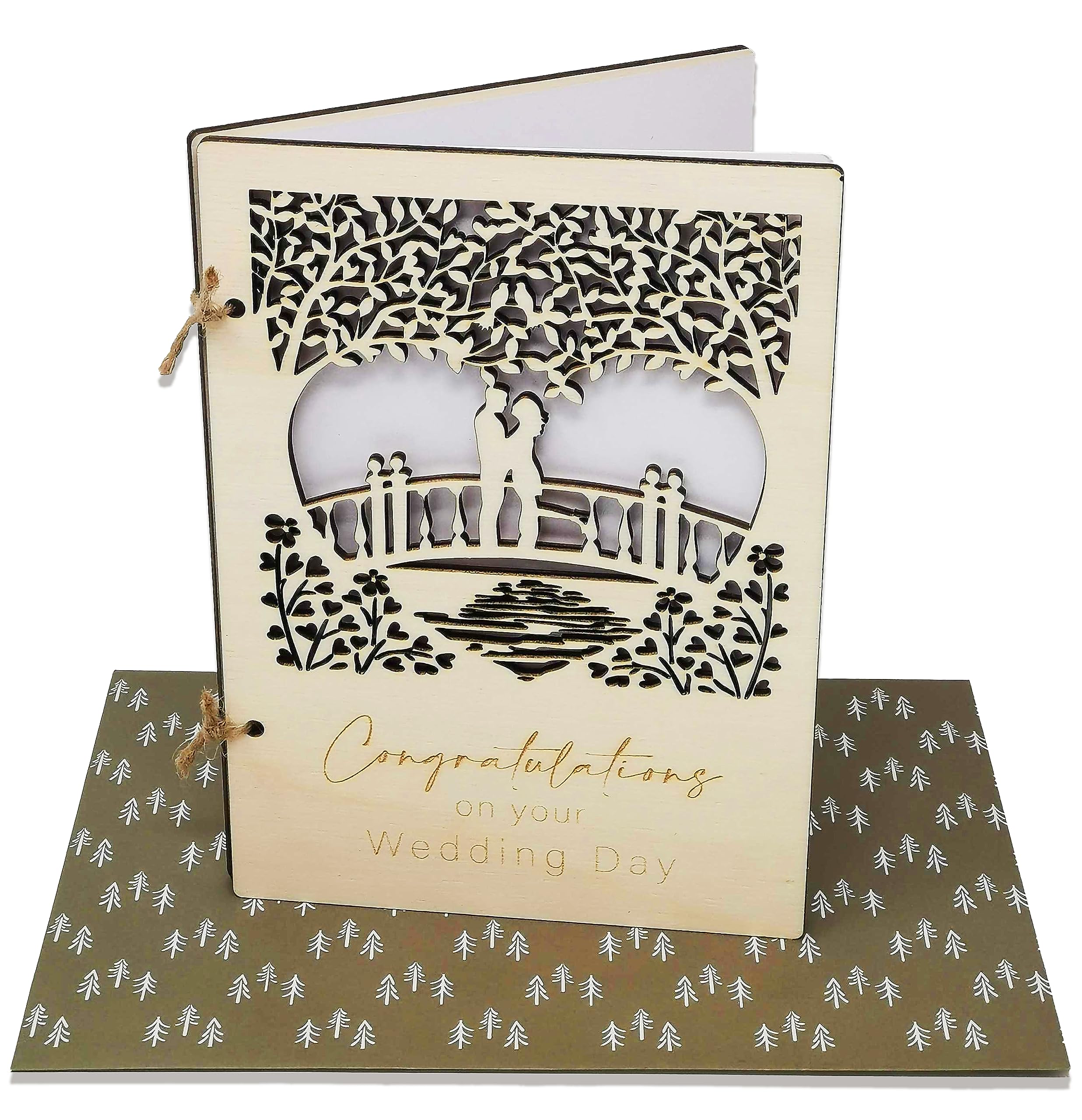 Large Wooden Wedding Card, Bride and Groom Embracing on a Bridge. Very Detailed Wooden Cut Card with Envelope (Romantic Bridge) — image 1