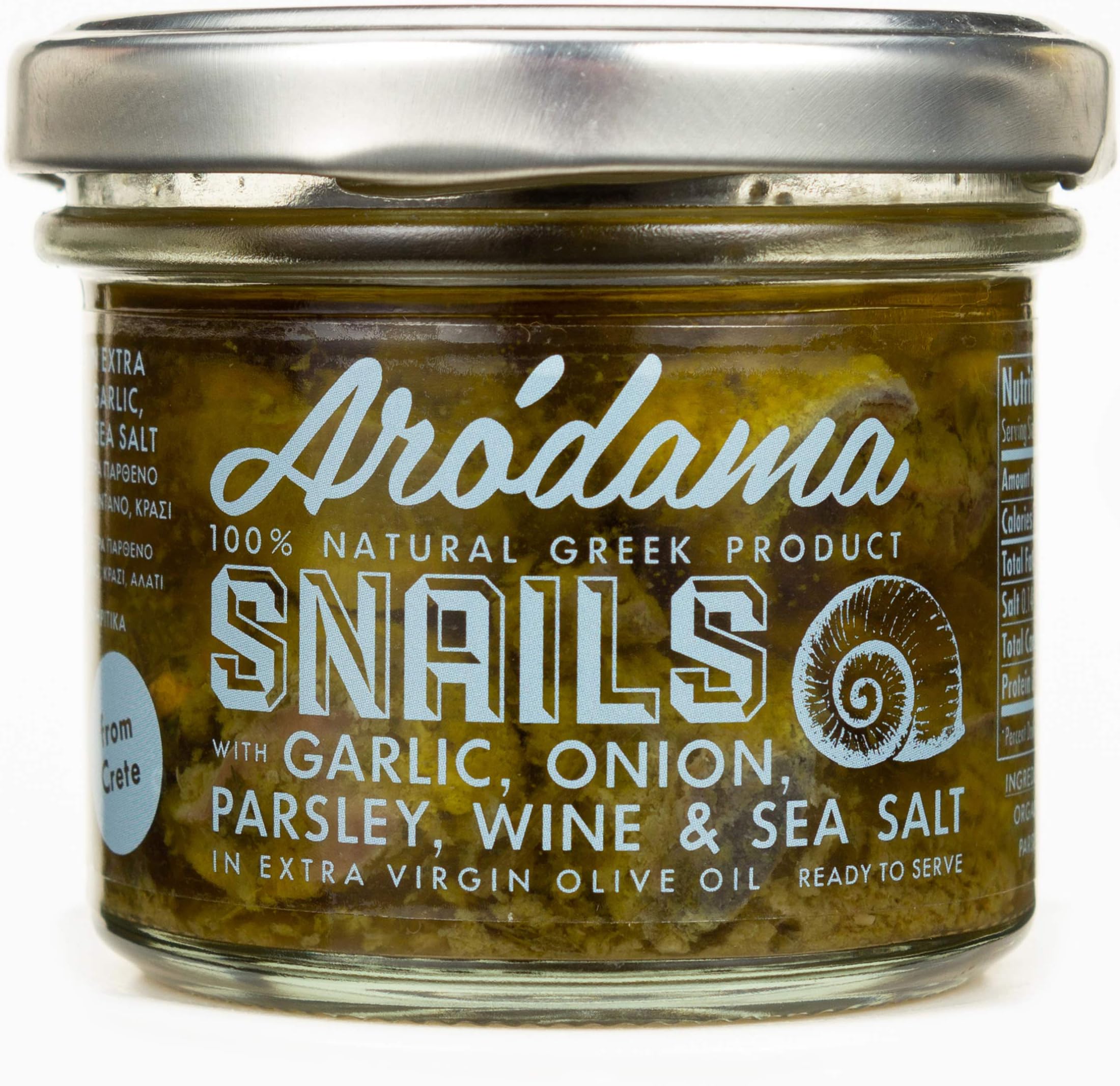 Arodama Farmed Snails in Extra Virgin Olive Oil with Garlic Parsley Onion Wine and Sea Salt, 100 g