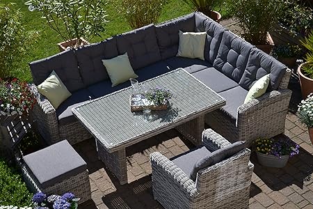Amazon De Bomey Rattan Lounge Set I Gartenmobel Set Manhattan 4 Teilig I Gartensofa Grau Tisch Sessel Hocker Polster Grau I Essgarnitur Fur Garten Terrasse Wintergarten I Lange Seite Des Sofas Links
