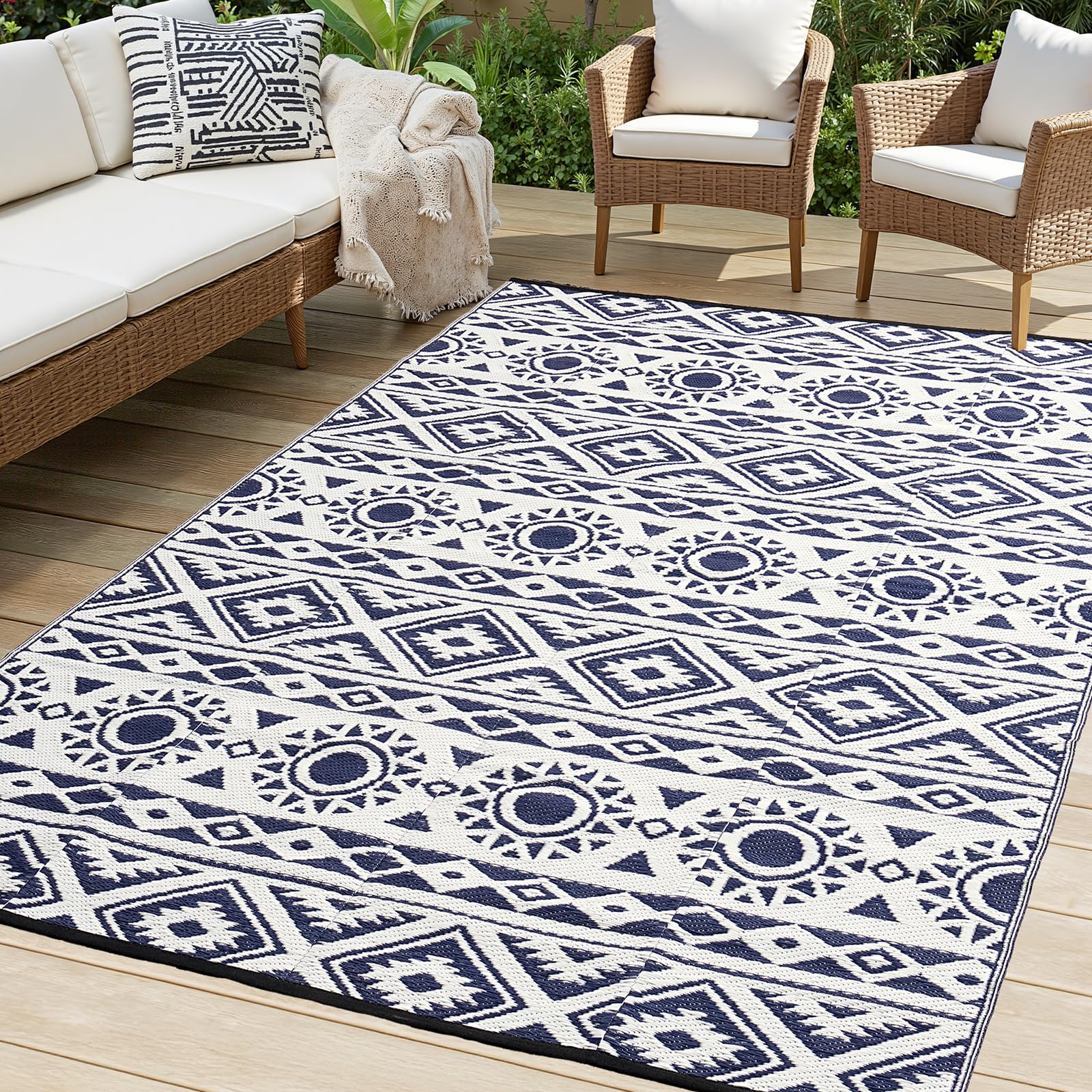 Photo 1 of ONBRILL Outdoor Rug Waterproof 5x8 ft, Reversible Outdoor Plastic Straw Rug Patio Rug, RV Rugs for Outside, Outdoor Carpet for Patio Camping Deck Balcony Backyard, Blue & White
