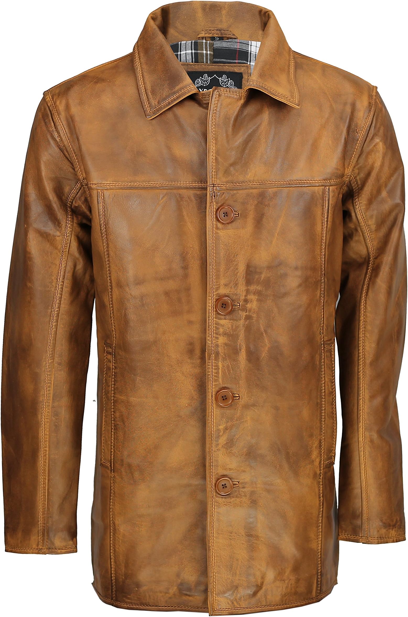Mens Real Genuine Leather Tan Brown Vintage 4 Button Classic Reefer Jacket Coat