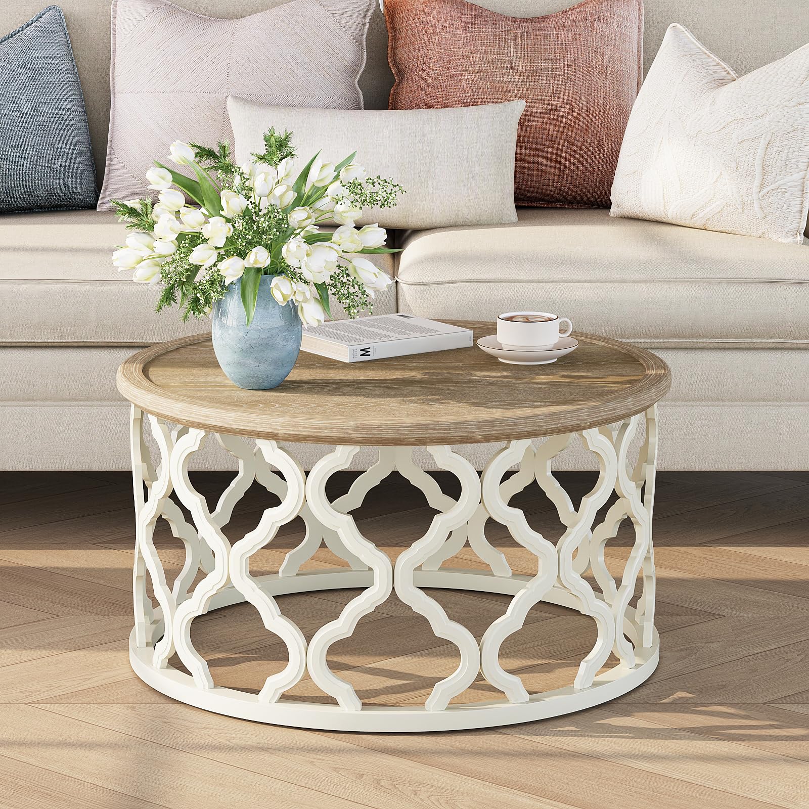 Photo 1 of karlott Farmhouse Coffee Table, French Country Round Coffee Table with Distressed Tray Top, Coastal Coffee Table with Curved Motif Frame Base, Boho Coffee Table for Living Room, Dining Room, Bedroom