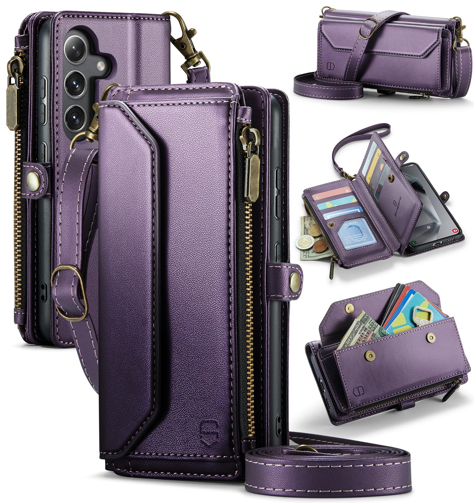Photo 1 of Strapurs Wallet Case Compatible with Samsung Galaxy S24 Plus RFID Blocking Card Holder Soft PU Leather Magnetic Snap Strap Zipper Pocket Phone Case Fit for Galaxy S24+/ S24 Plus - Purple
