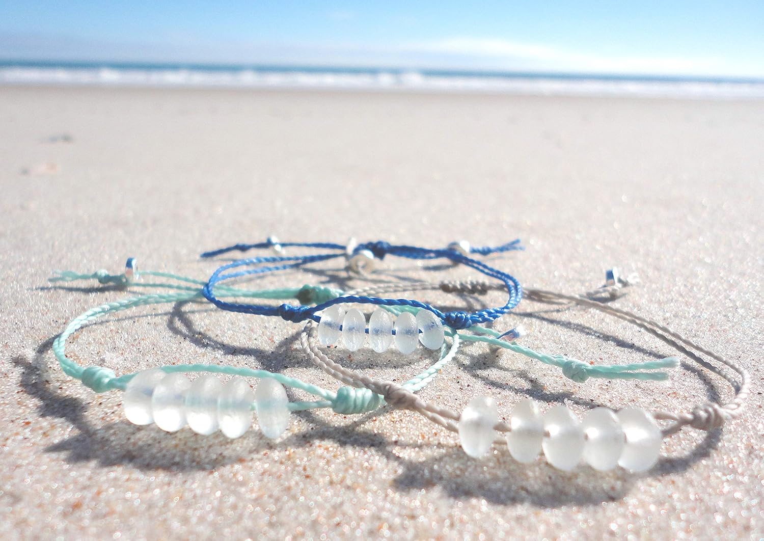 Sea Glass Bead BraceletAdjustable Waterproof Wax Coated Bangle or