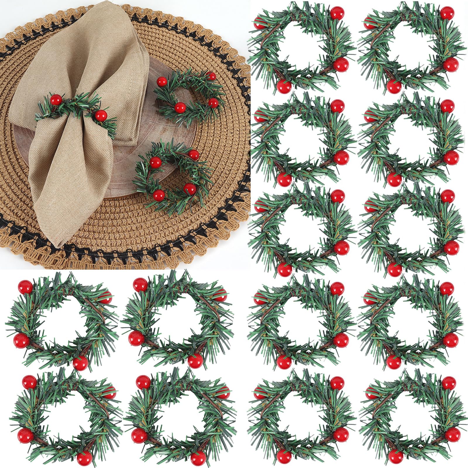 Photo 1 of 15 Pcs Christmas Napkin Rings Holly Berry Napkin Buckle Needles Wreath Pines Red Berries Candle Ring Wreath Holder for Xmas Birthday Wedding Thanksgiving Party Banquet Table Decorations