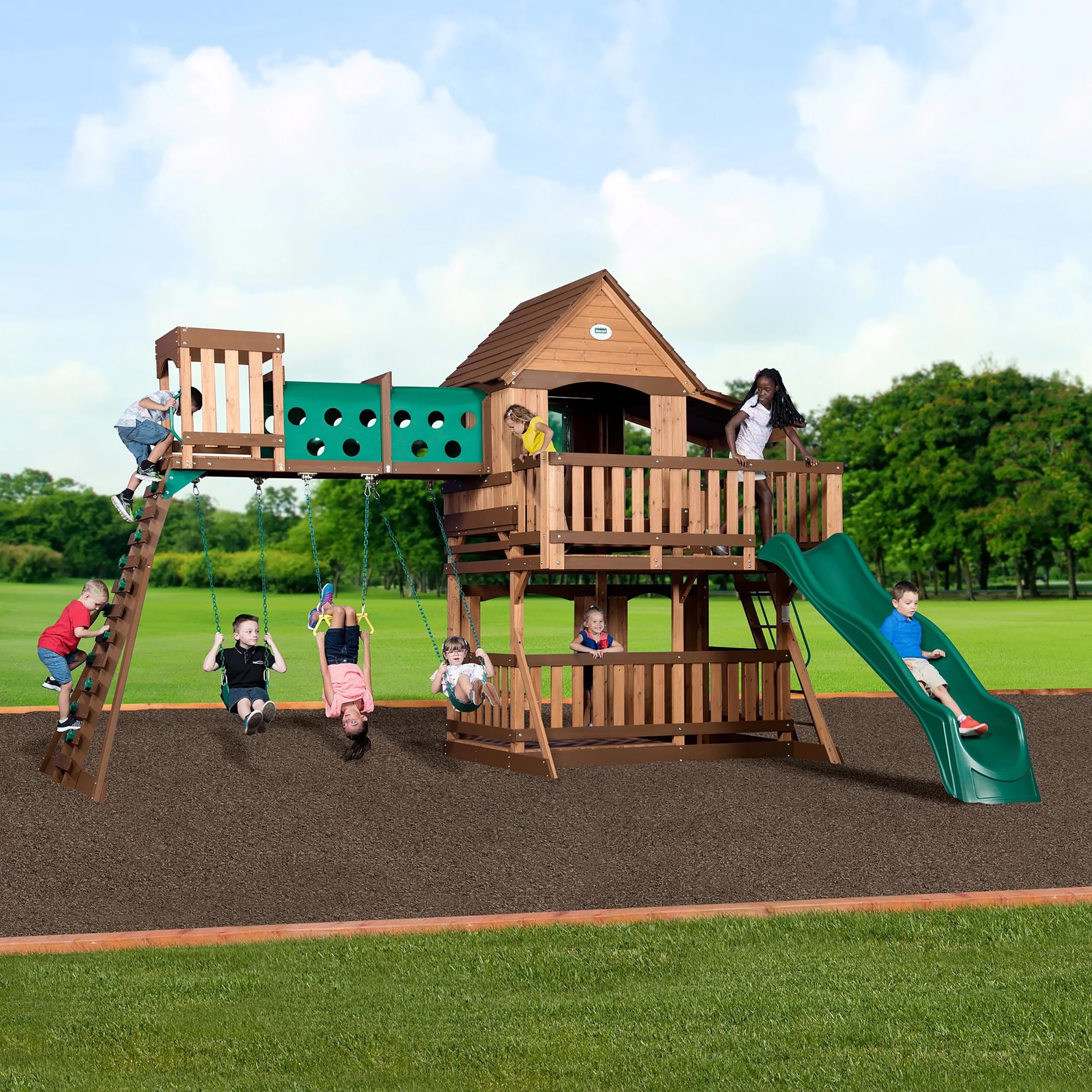 Photo 1 of ****INCOMPLETE SET, MISSING BOX 5 OUT OF THE 5, 4 BOX SET ONLY**** Backyard Discovery Woodridge Elite Cedar Wood Swing Set with Wave Slide, Clubhouse, Crawl Tunnel, Crow's Nest, Belt Swings, Trapeze, Rock Wall Ladder, Sandbox, Wrap-Around Porch, Deck, Out