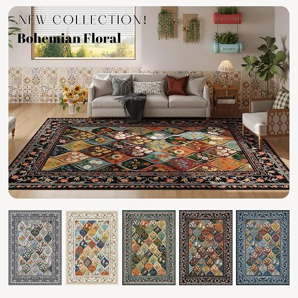VOWKTEN BOHEMIAN GEOMETRIC FLORAL 8X10 AREA RUGS, MACHINE WASHABLE, LOW PILE SOFT CARPET, NON-SLIP FOR LIVING ROOM, BEDROOM, DINING ROOM, FARMHOUSE, KIDS PLAYROOM, OFFICE | BLACK