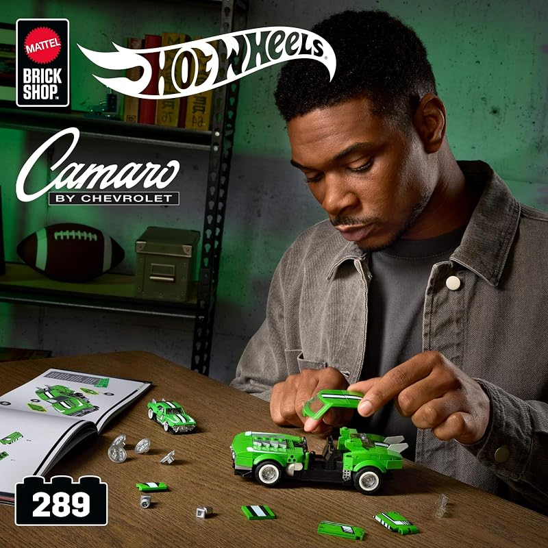 ​​Mattel Brick Shop Hot Wheels - Custom ’68 Camaro Serie Speed, set da costruire con 289 pezzi, dettagli realistici e adesivi per personalizzare l'auto, 10+ anni, JFT16
