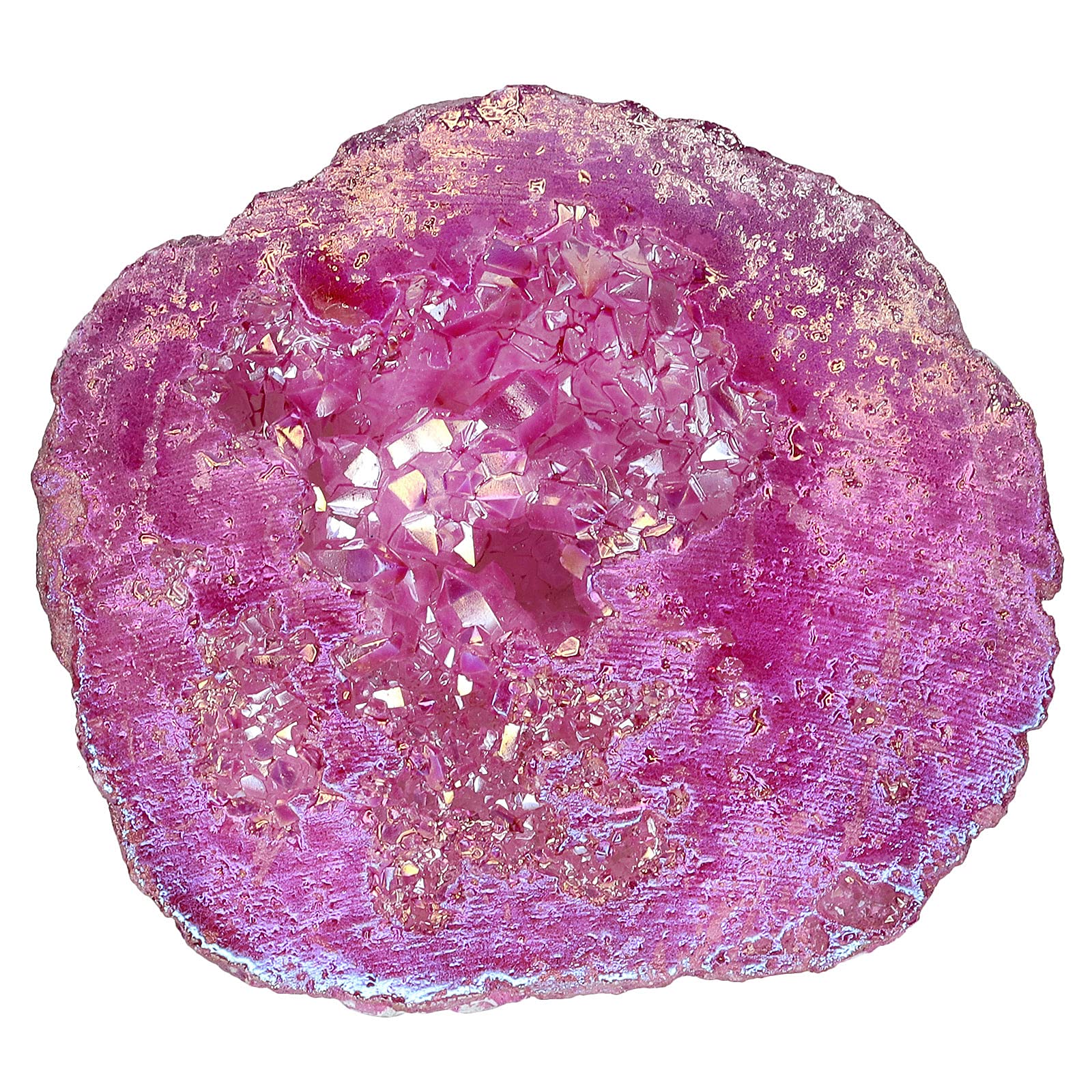 Nupuyai Angel Aura Quartz Geode Stone, Titanium Coated Natural Rock Crystal Cluster Specimen for Reiki Healing Home Decor 100-200g, Fushcia