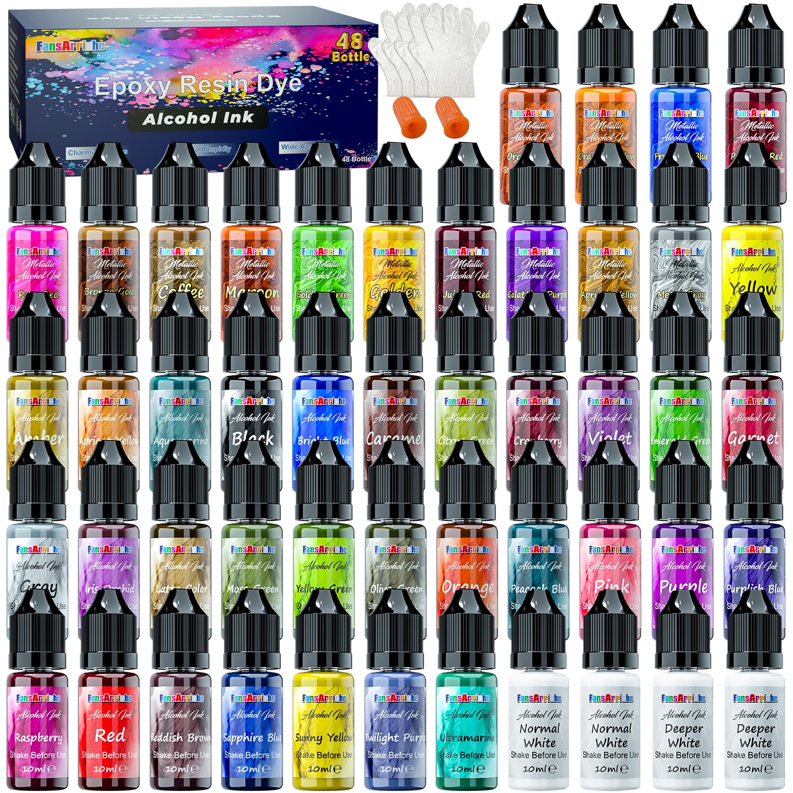 FansArriche Alcohol Ink Set - 48 Vivid Colors, Concentrated Alcohol-Based Ink, Epoxy Resin Paint with Metallic Color Dye for Resin Coasters, Acrylic Painting, Tumbler Making,10 ml Each