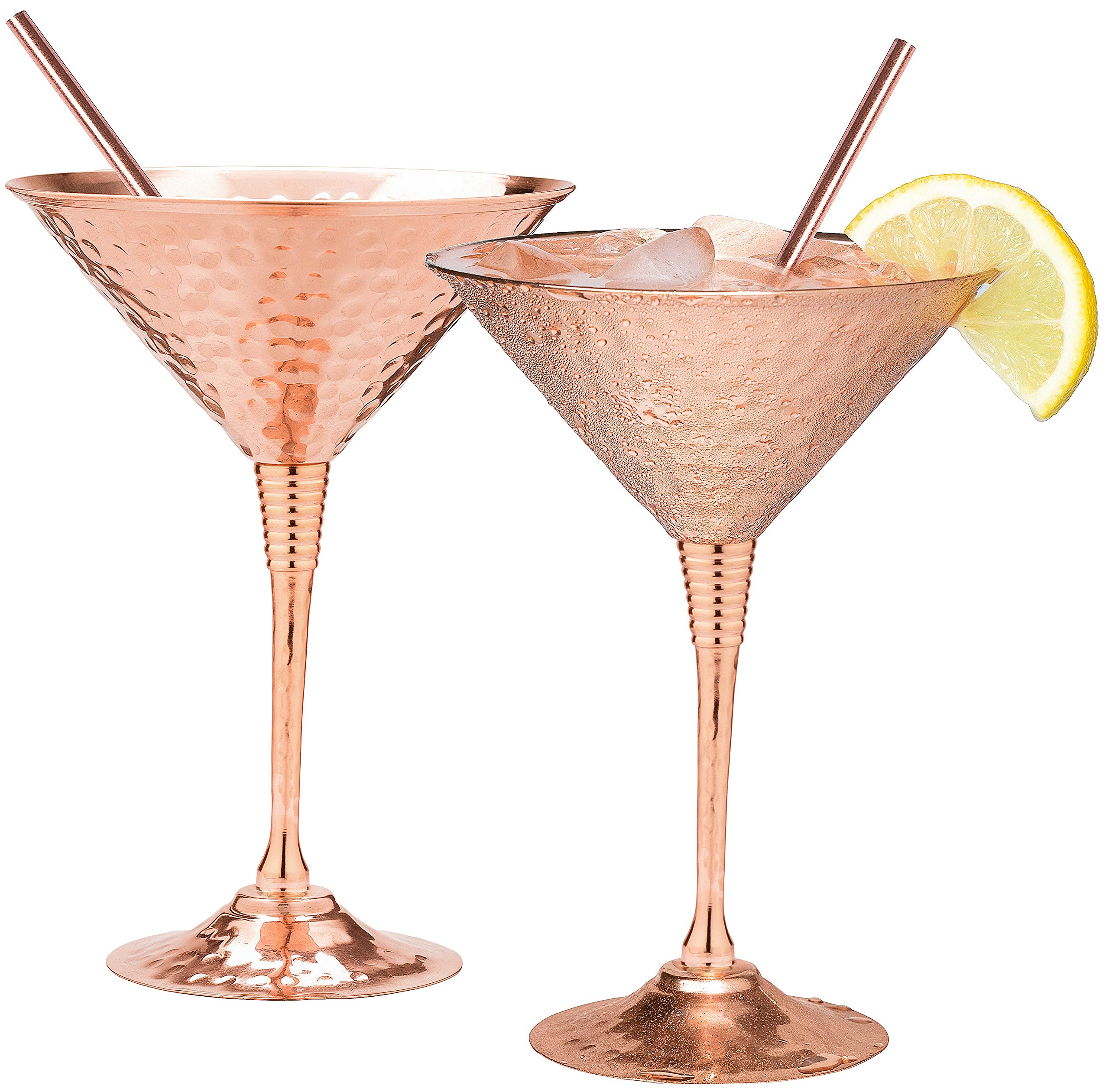 Mosscoff Copper Martini Glasses Set of 2 10oz Hand Hammered Solid Copper goblets with Exquisite Reinforcement Ring. - Bonus Pure Copper Straws - A Gift Set no one can Resist.