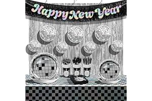 KatchOn, New Years Eve Party Supplies 2026 - Pack of 188, Serves 25 | Happy New Year Banner, Silver Fringe Backdrop, Happy New Year Plates and Napkins Set, Swirls, Tablecloth, NYE Decorations 2026