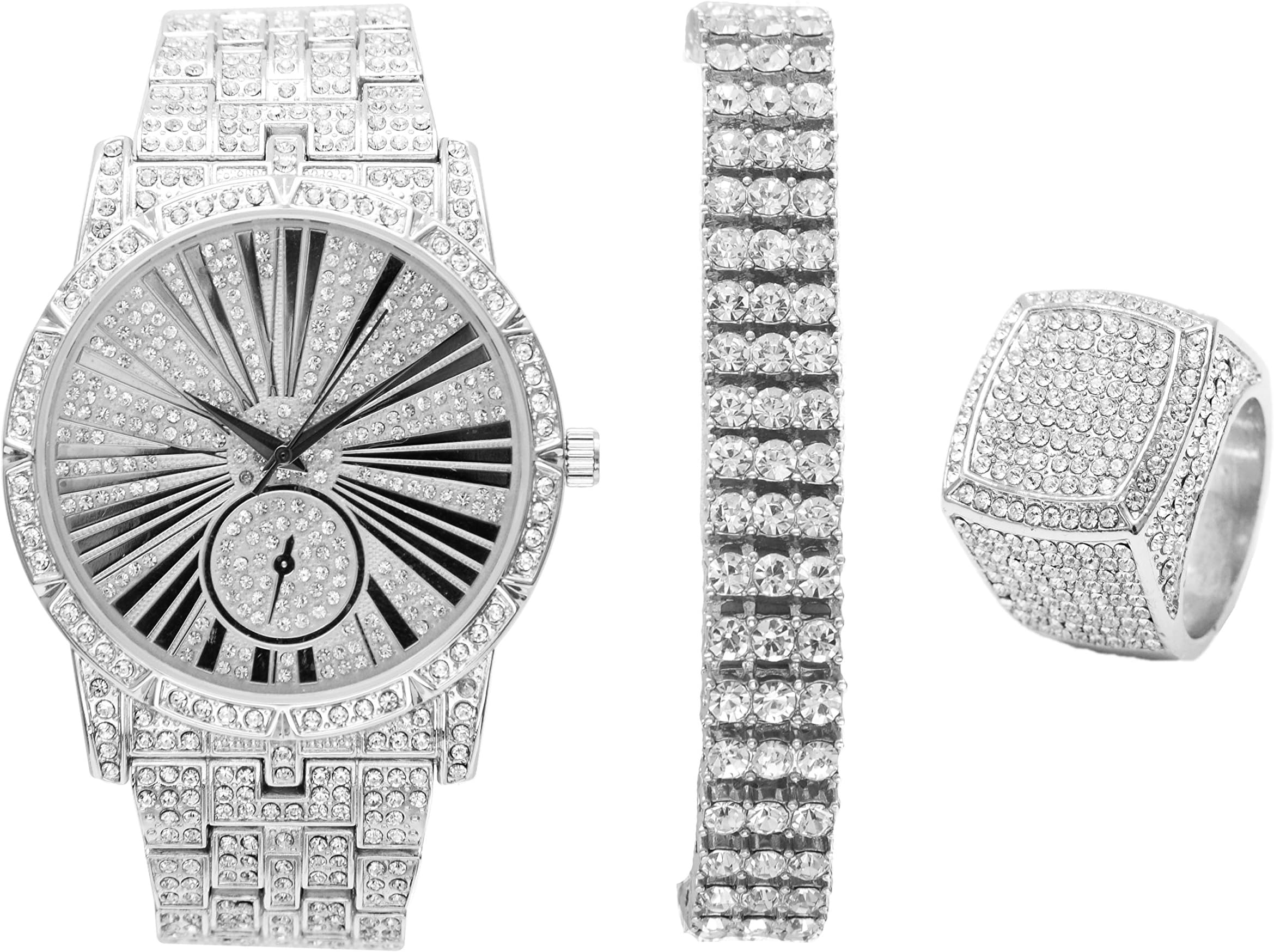 Bling-ed Out 3 Row Tennis Men's Bracelet with Hip Hop Roman Numeral Dial Watch and Bling Ring - L0503