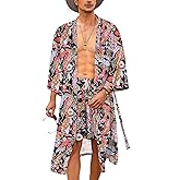 COOFANDY Men Lightweight 2 Piece Kimono Robe with Shorts Japanese Robes Casual Open Front Long Cardigan With Belt