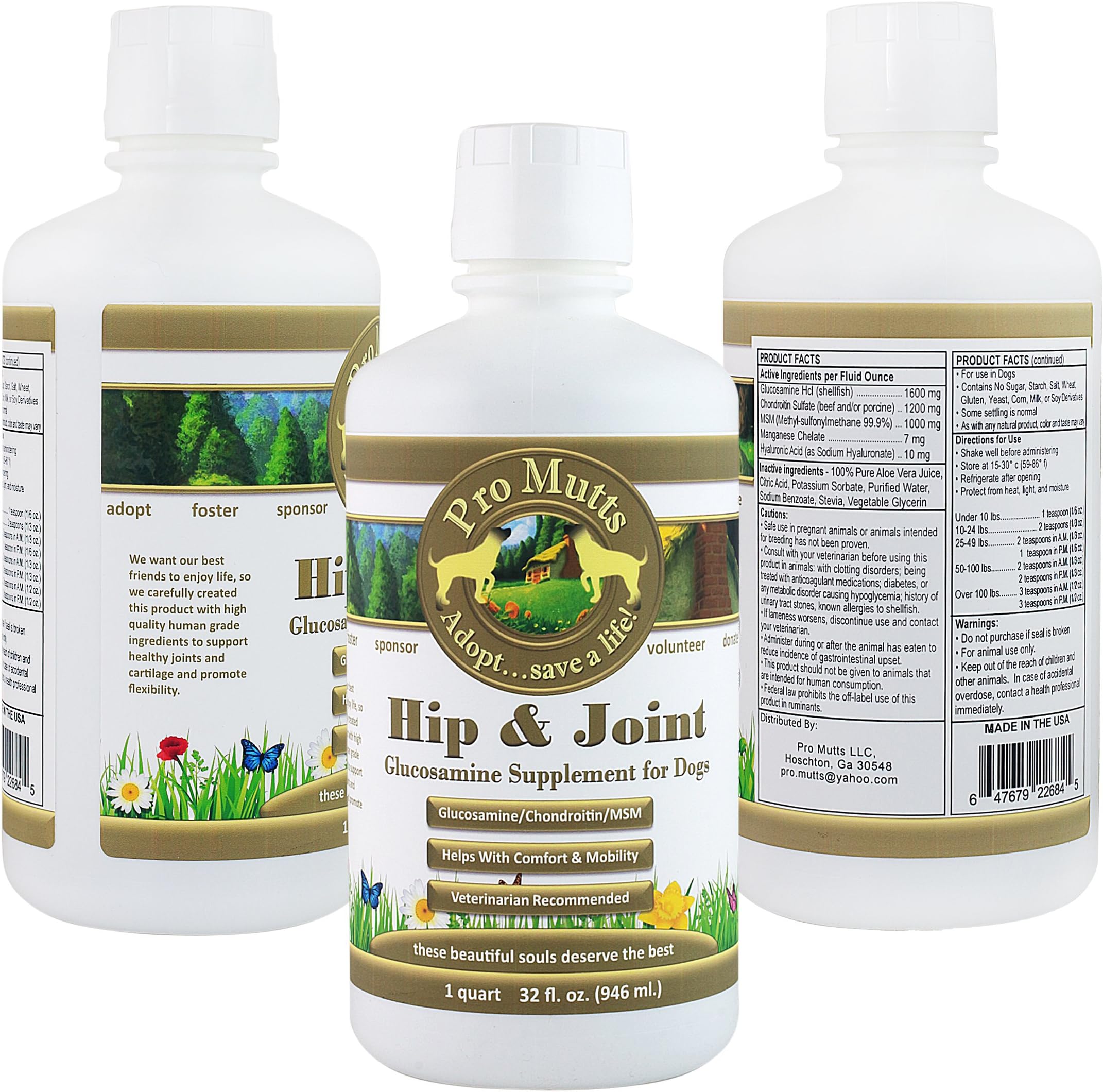 Pro Mutts Hip & Joint Liquid Glucosamine Supplement for Dogs. 32 fl oz. Glucosamine, Chondroitin, MSM and Hyaluronic Acid. Natural Arthritis and Hip Dysplasia Pain Relief, Great Mobility, Shiny Coat.