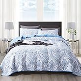 NEWLAKE Cotton Bedspread Quilt Sets-Reversible Patchwork Coverlet Set, Blue Classic Royal Pattern, Queen Size