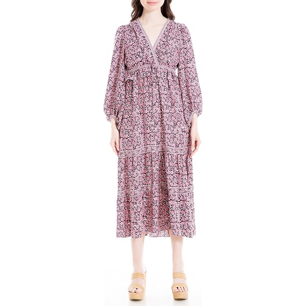 Max Studio Women's Elbow Length Sleeve Print Tiered Maxi Dress,  Rosewood/Cerise New Floral Paisley Band, Large at Amazon Women's Clothing  store