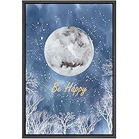 SIGNWIN Framed Canvas Wall Art Sparkle Gold Be Happy with White, Blue Moon Astronomy & Space Cosmic Watercolor Abstract Modern Scenic Relax/Calm for Living Room, Bedroom, Office - 16