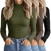 Oakgarden 3 Pack Women's Cotton Long Sleeve Mock Turtleneck Tops Ribbed Lettuce Trim Slim Fit Shirts Thermal Base Layer