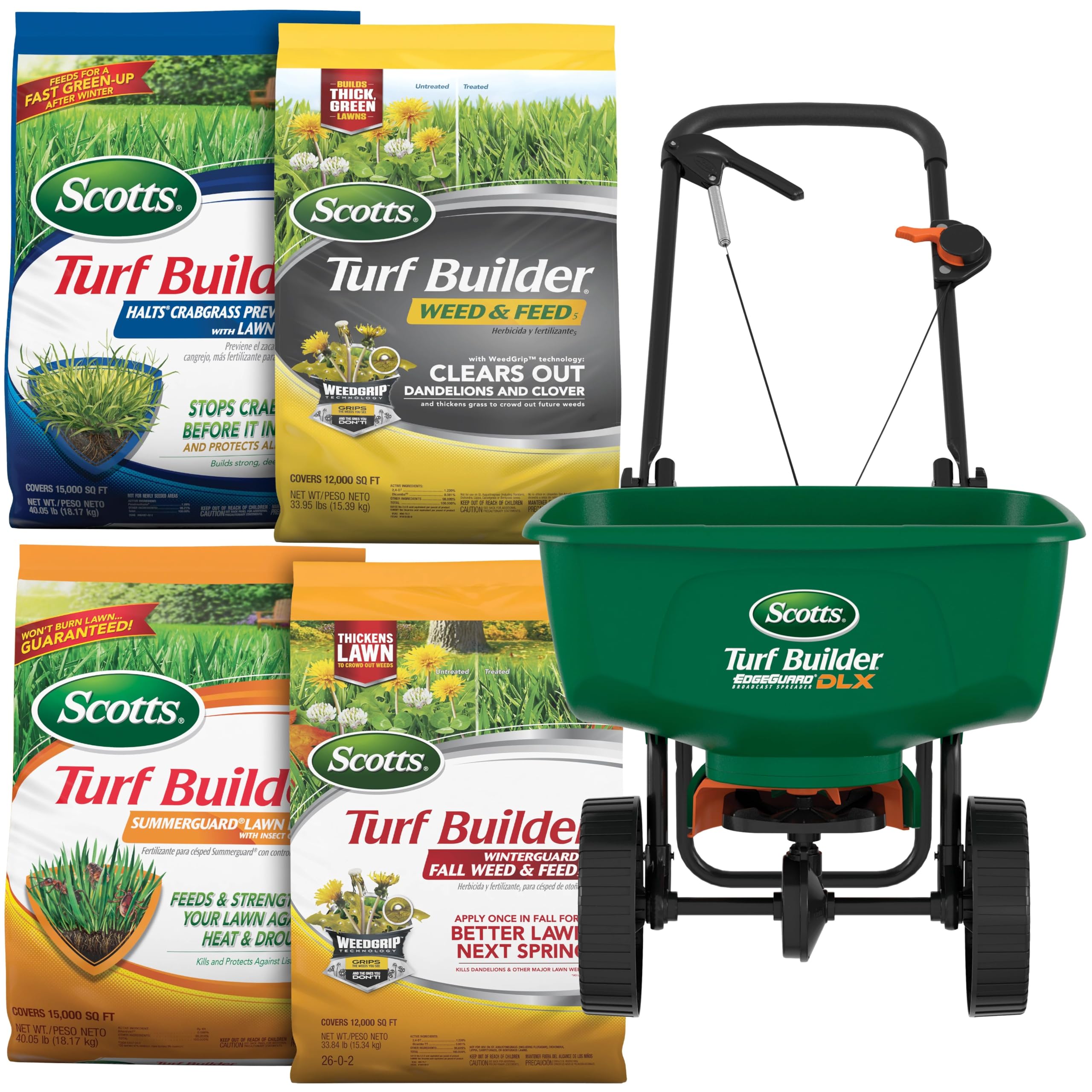 Scotts Turf Builder Bundle for Large, Northern Lawns and a Scotts Turf Builder EdgeGuard DLX Broadcast Spreader for Seamless Application Image