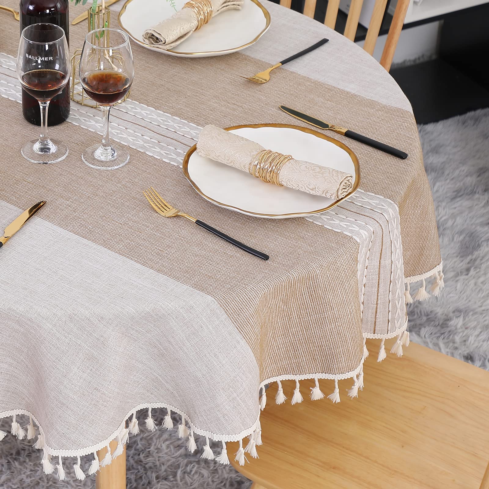 SUCHDECO Linen Tablecloth Round 140cm Kakhi Table Cloth Cotton Wrinkle-Free Washable Table Cover, Dust-Proof with Tassels, Stripe Embroidery for Kitchen, Dining Room, Party, Coffee Table